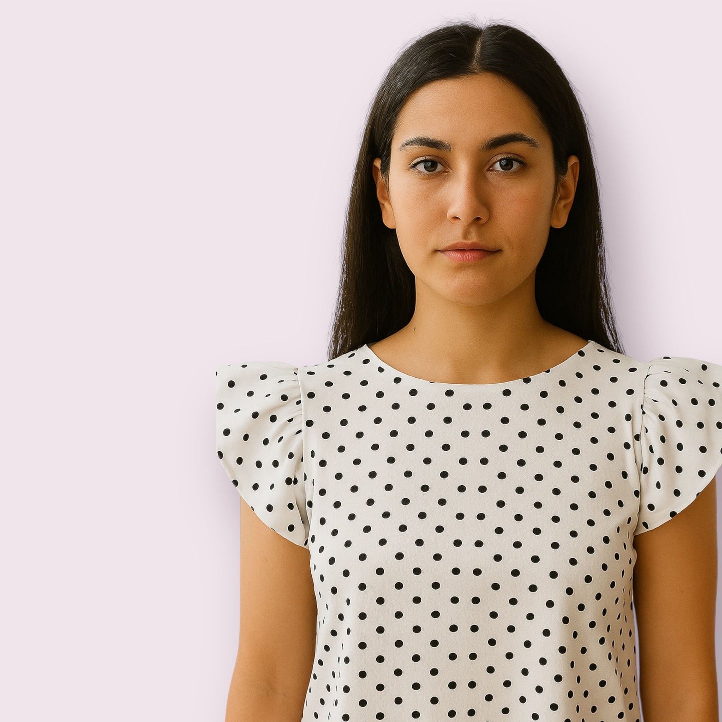 Mujer joven luciendo blusa de seda blanca con lunares negros, diseño elegante con manga de volante, ideal para looks sofisticados de verano, blusa estampada de lunares para mujer, tendencia moda primavera-verano 2025.