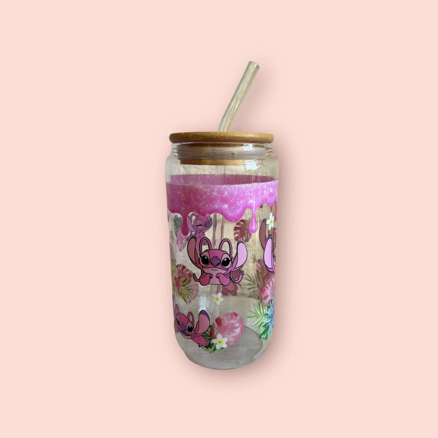 vaso de cristal con diseño de Ángela de Lilo & Stitch, incluye tapa y pajita reutilizable