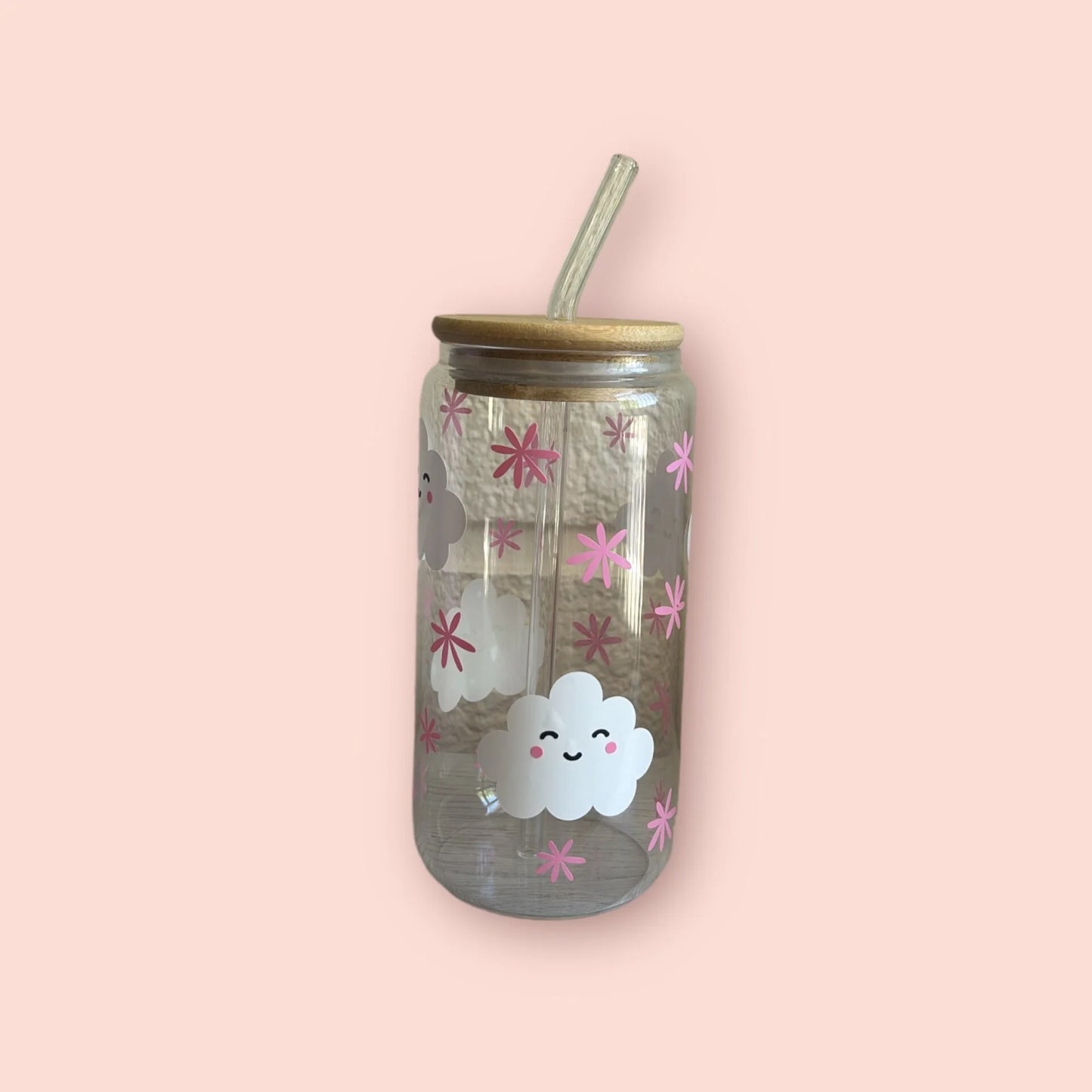 vaso de cristal con diseño de nubes, tapa de bambú y pajita reutilizable, estilo dulce y relajante