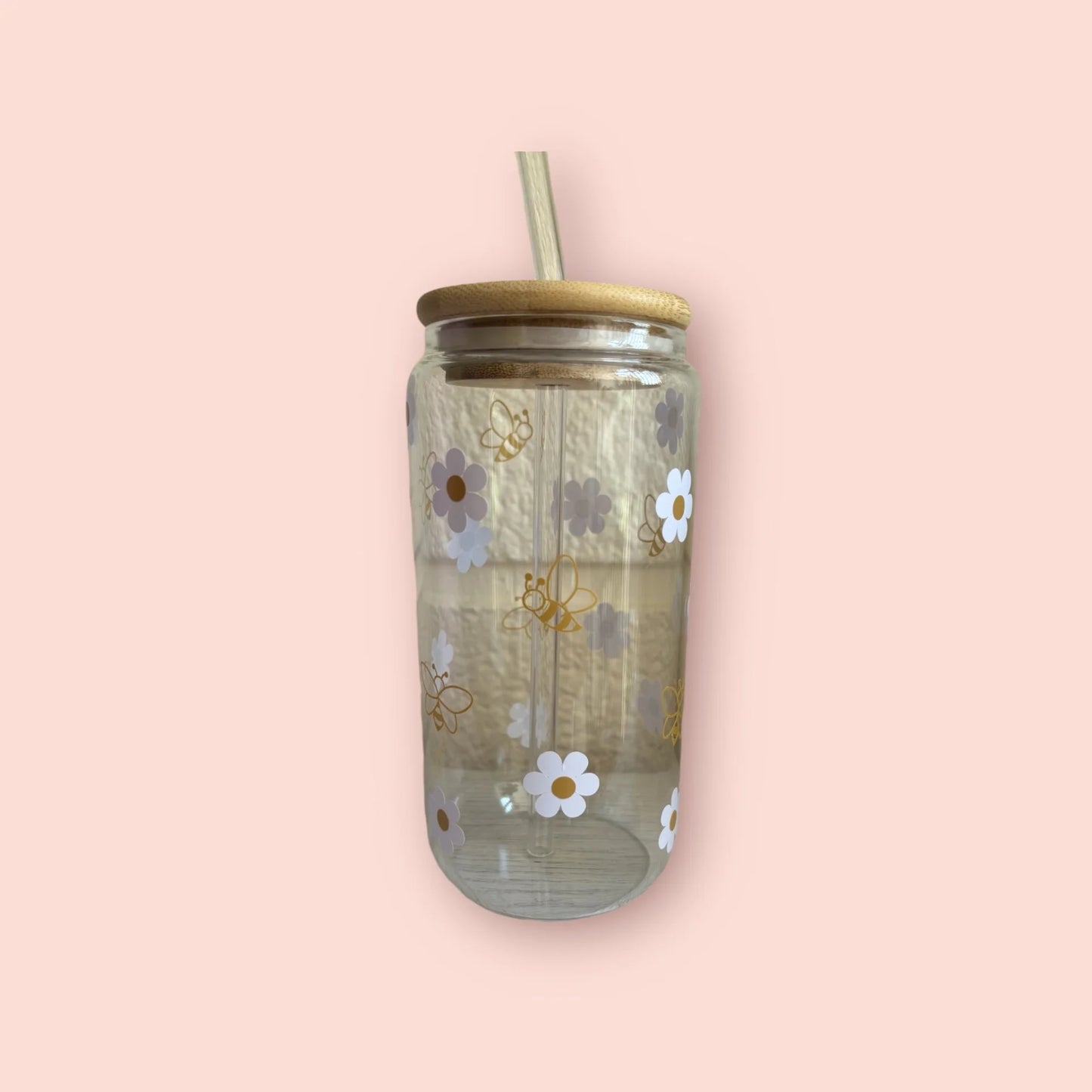 vaso de cristal con diseño de abejas, tapa de bambú y pajita reutilizable