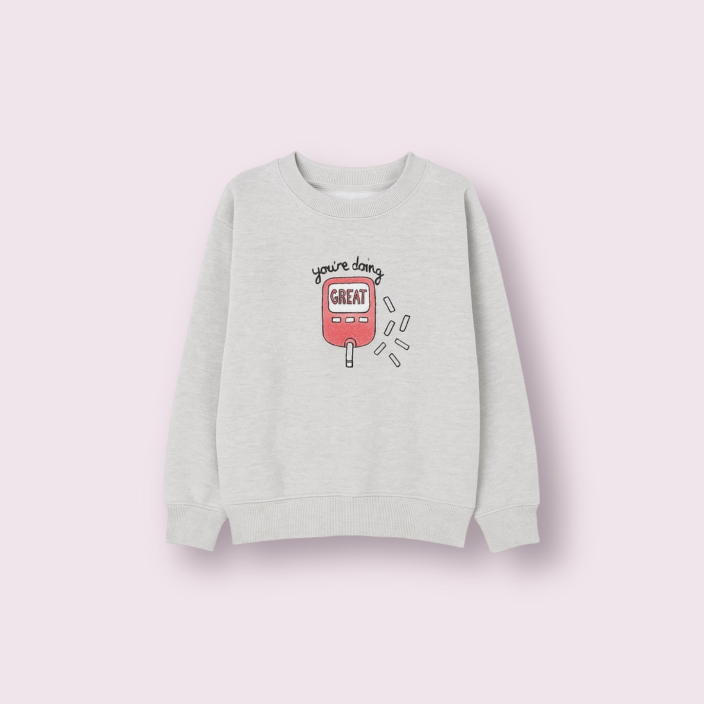 Sudadera gris para niños con diseño de glucómetro rosa y frase positiva "You're doing great", prenda de ropa cómoda y motivadora para niños con diabetes tipo 1, perfecta para concienciar y dar visibilidad a la diabetes infantil