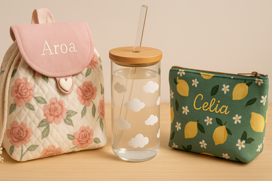 Regalos personalizados de verano: mochila artesanal, vaso de cristal y neceser bordado de Aroa Dedales sobre fondo claro
