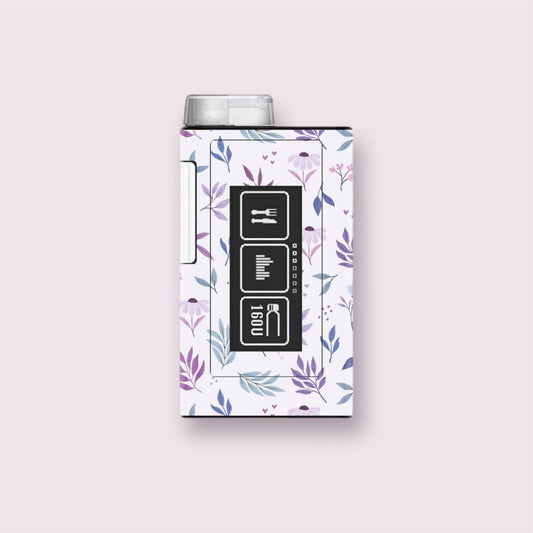 Sticker decorativo para bomba Ypsopump con diseño floral de hojas lilas, violetas y azules sobre fondo blanco. Estilo lavanda elegante.