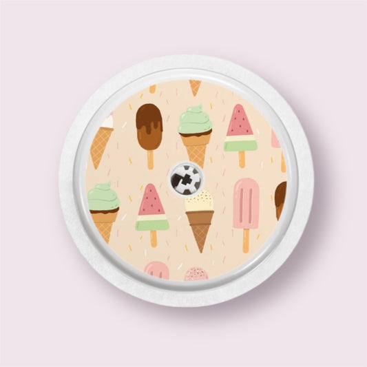 Sticker decorativo para sensor Freestyle 2 con ilustraciones de helados y polos sobre fondo crema