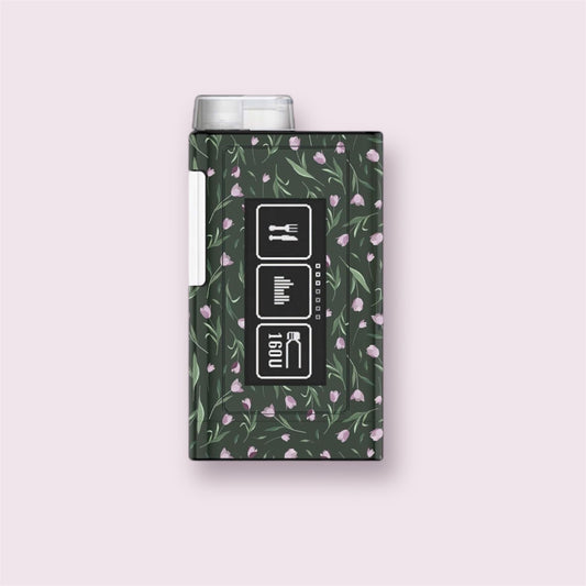 Sticker decorativo para bomba Ypsopump con diseño de tulipanes malva sobre fondo negro. Estilo floral elegante hecho a mano.