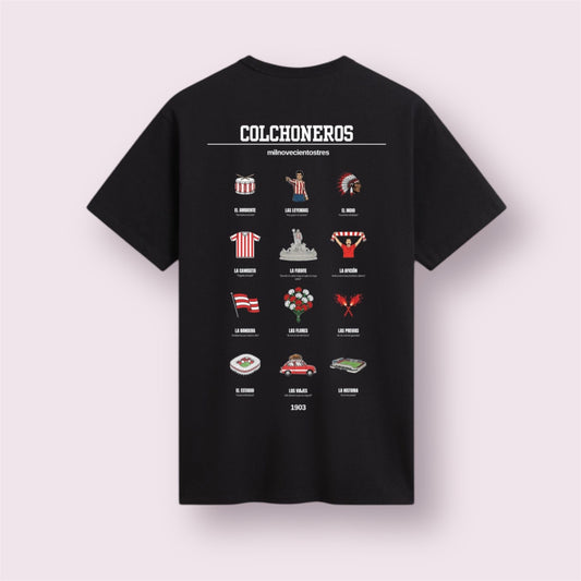 Camiseta negra premium modelo Colchoneros 1903 vista trasera. Diseño exclusivo de moda casual para fans del Atlético de Madrid que incluye 12 iconos ilustrados de la cultura rojiblanca: La Fuente de Neptuno, El Indio, El Estadio Vicente Calderón y Metropolitano, Las Flores de Pantic y el bombo. Ropa perfecta para regalar a un aficionado del Atleti y vestir la historia del club con estilo.