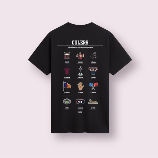Camiseta negra modelo 'Culers 1899' vista trasera. Moda casual estilo streetwear para aficionados del FC Barcelona (Barça) con 12 iconos históricos: La Leyenda (Messi), el Camp Nou, La Masia, la celebración en Canaletas, el símbolo de La Manita y el 'Burro' catalán. El regalo blaugrana perfecto para quien siente que es 'Més que un club'.