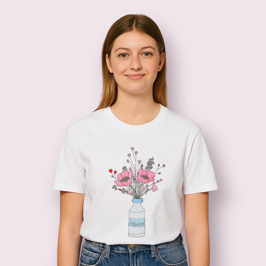 Mujer joven con cabello castaño claro luciendo una camiseta blanca con diseño de flores rosas y frascos de insulina, ideal para personas con diabetes tipo 1. Camiseta personalizada y original de la marca Aroa Dedales, que transmite un mensaje positivo sobre la diabetes con un diseño floral tierno, perfecto para primavera y verano. Ropa inclusiva y empoderadora para diabéticos tipo 1