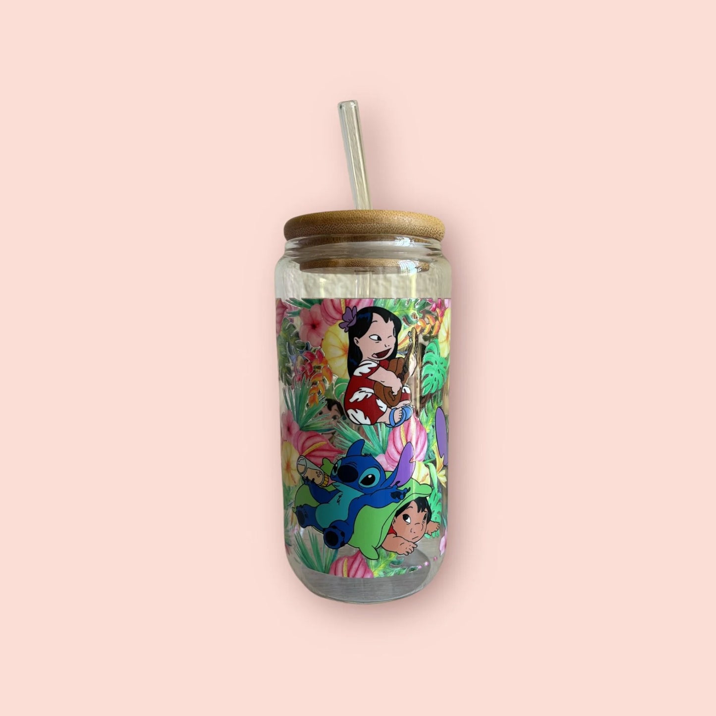 vaso de cristal con diseño de Lilo y Stitch, 3 variantes disponibles, incluye tapa de bambú y pajita reutilizable