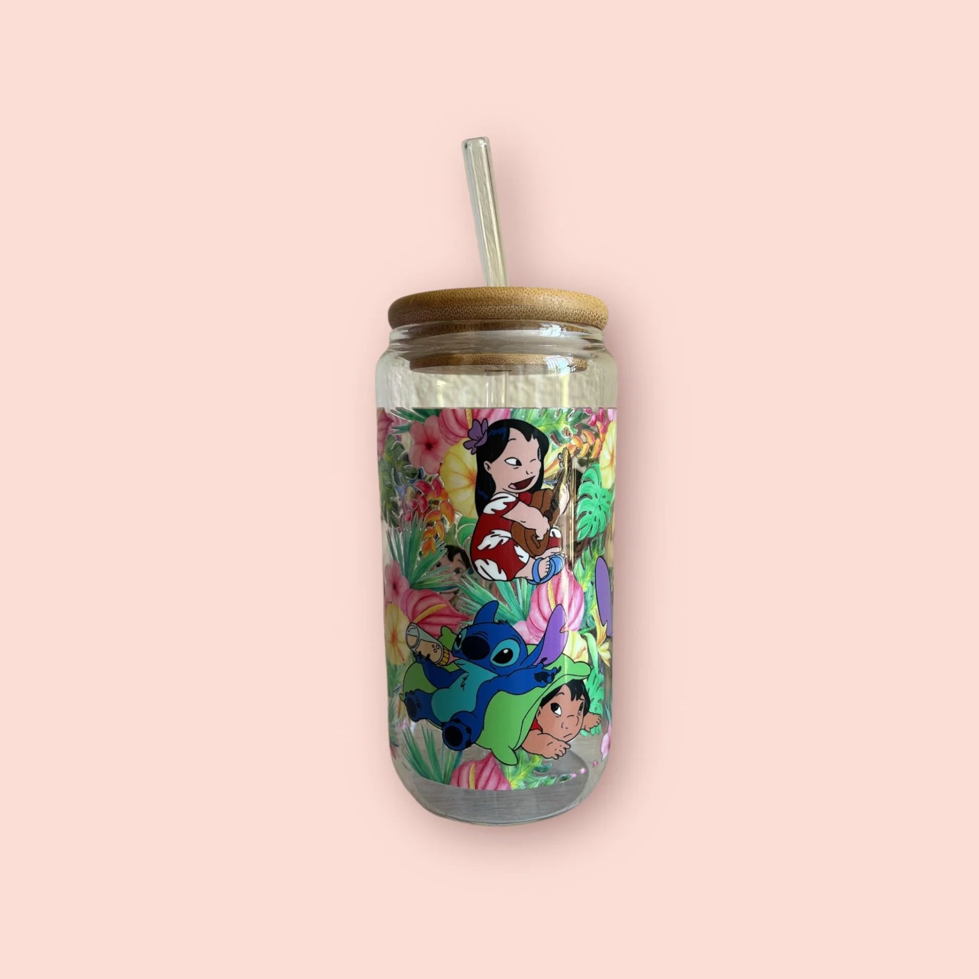 vaso de cristal con diseño de Lilo y Stitch, 3 variantes disponibles, incluye tapa de bambú y pajita reutilizable