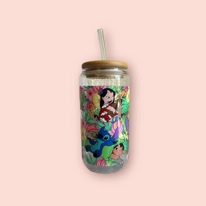 vaso de cristal con diseño de Lilo y Stitch, 3 variantes disponibles, incluye tapa de bambú y pajita reutilizable
