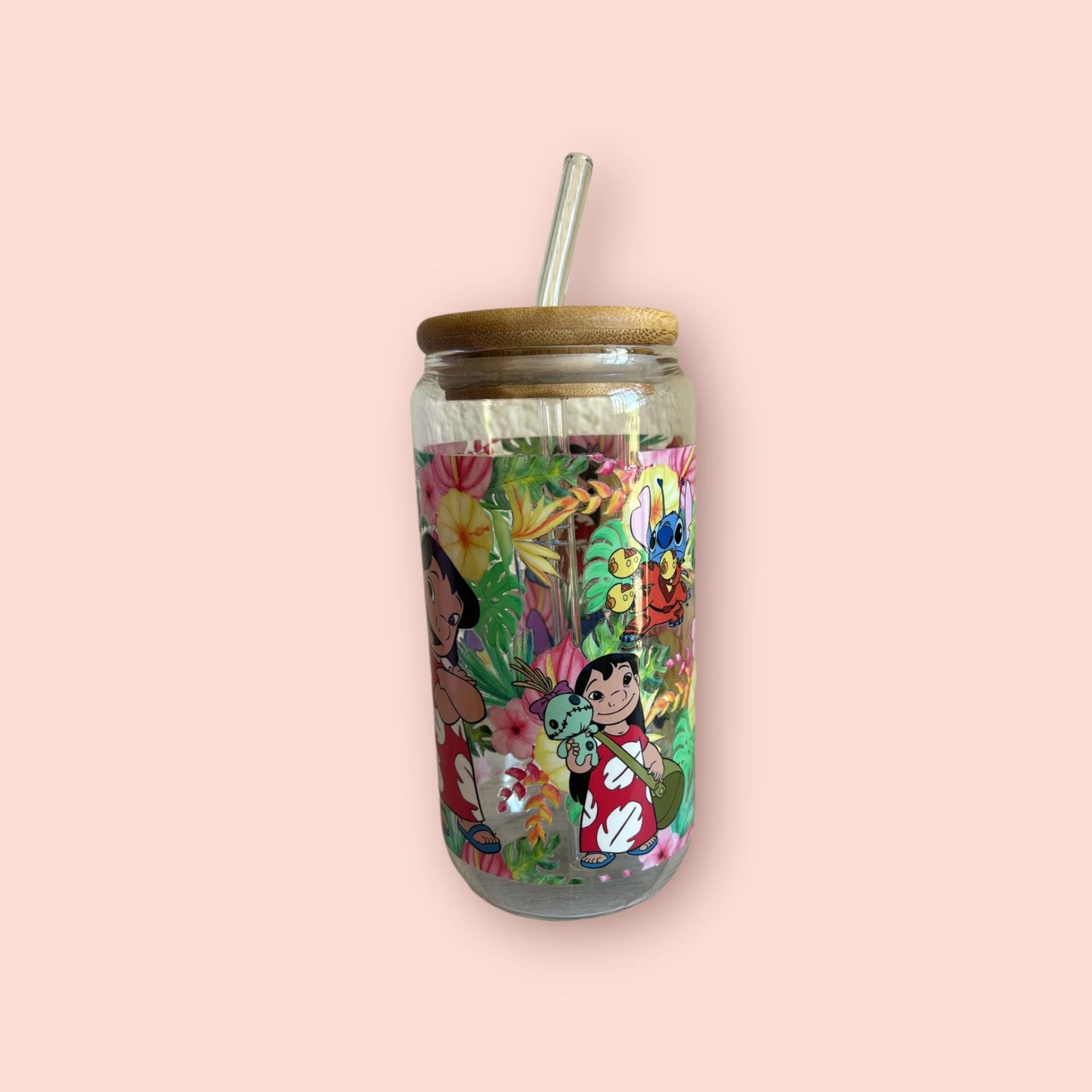 vaso de cristal con diseño de Lilo y Stitch, 3 variantes disponibles, incluye tapa de bambú y pajita reutilizable