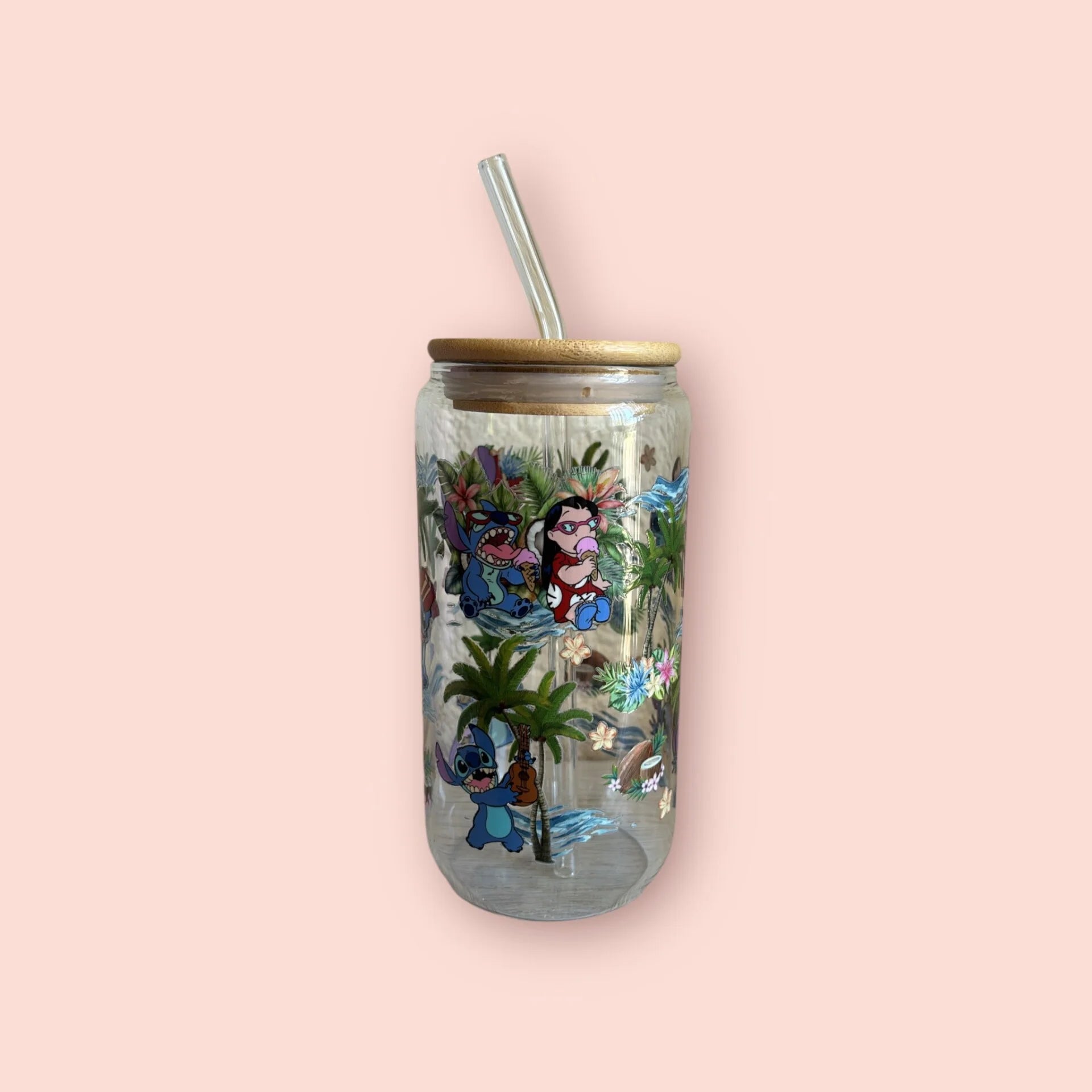 vaso de cristal con diseño de Lilo y Stitch, 3 variantes disponibles, incluye tapa de bambú y pajita reutilizable