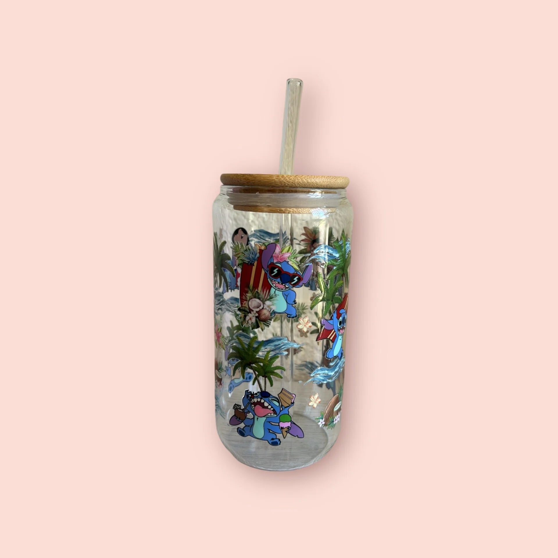 vaso de cristal con diseño de Lilo y Stitch, 3 variantes disponibles, incluye tapa de bambú y pajita reutilizable