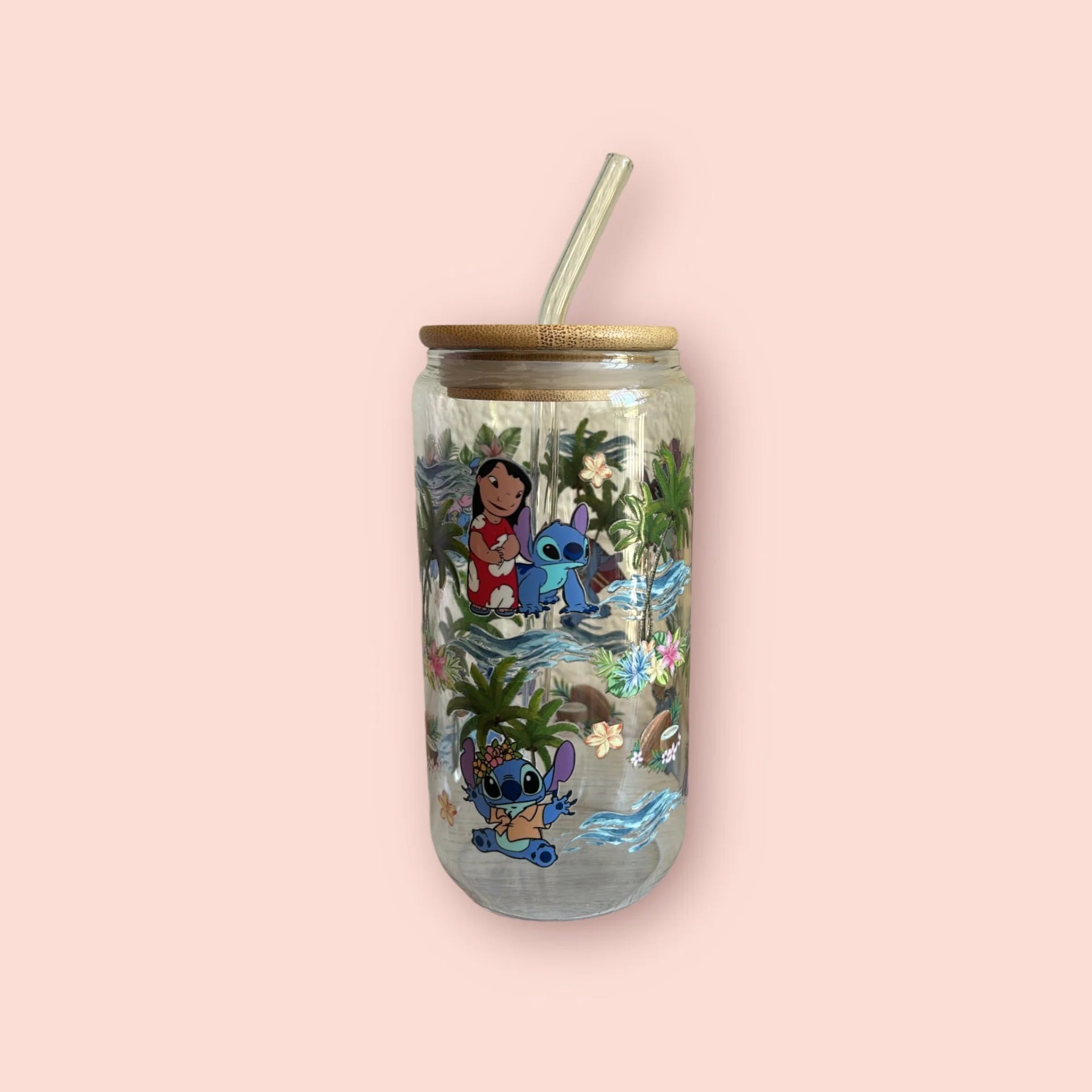 vaso de cristal con diseño de Lilo y Stitch, 3 variantes disponibles, incluye tapa de bambú y pajita reutilizable