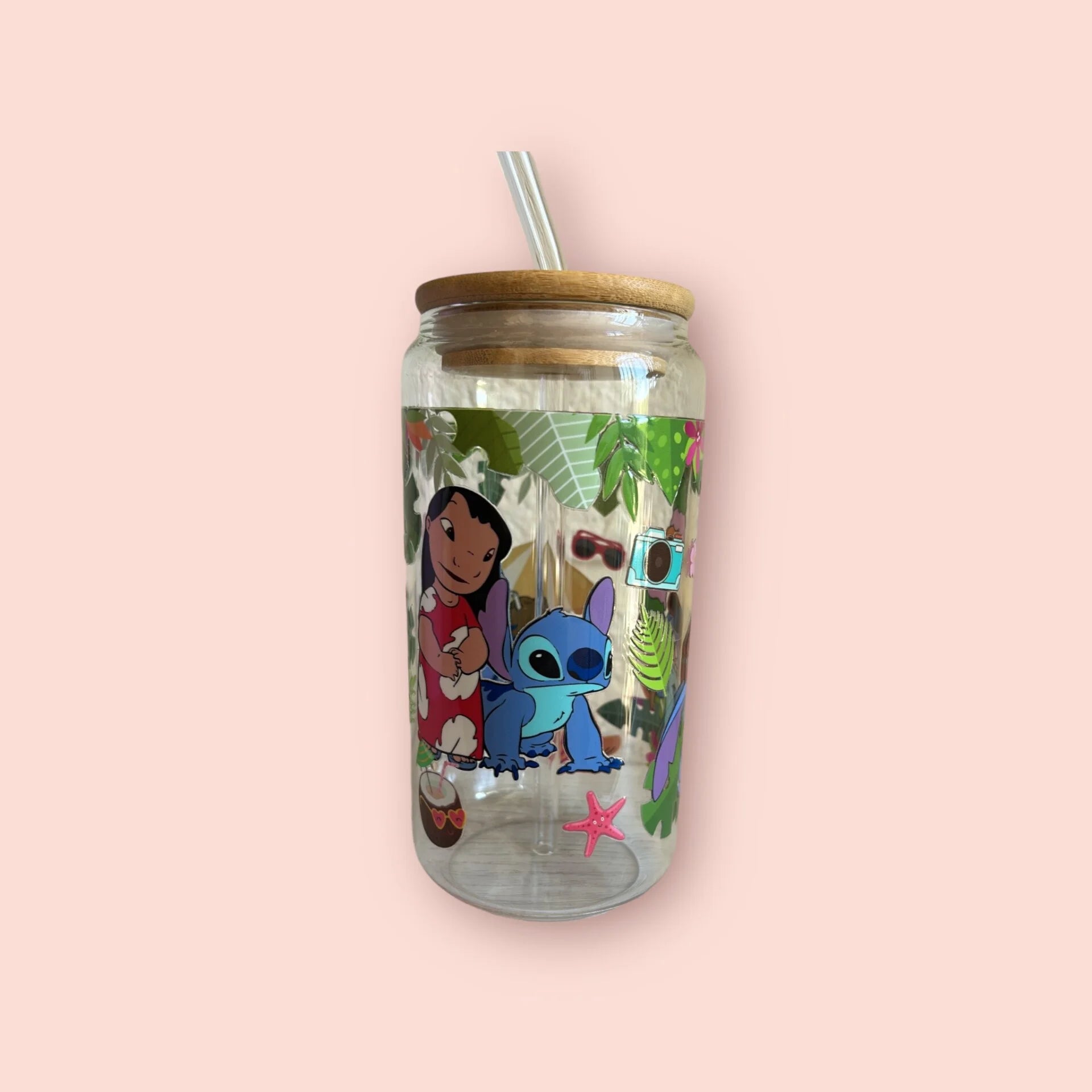 vaso de cristal con diseño de Lilo y Stitch, 3 variantes disponibles, incluye tapa de bambú y pajita reutilizable