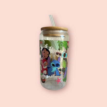 vaso de cristal con diseño de Lilo y Stitch, 3 variantes disponibles, incluye tapa de bambú y pajita reutilizable