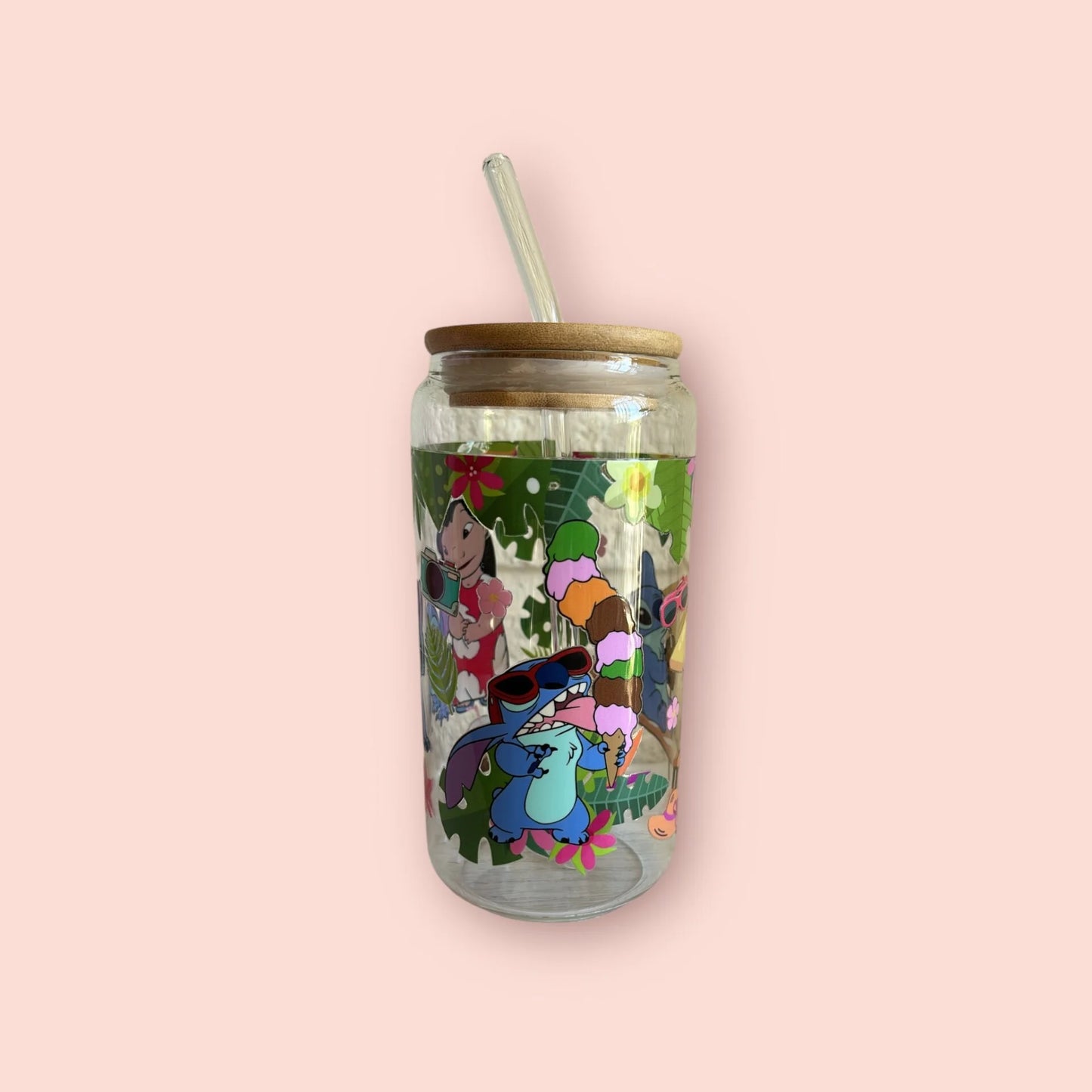 vaso de cristal con diseño de Lilo y Stitch, 3 variantes disponibles, incluye tapa de bambú y pajita reutilizable