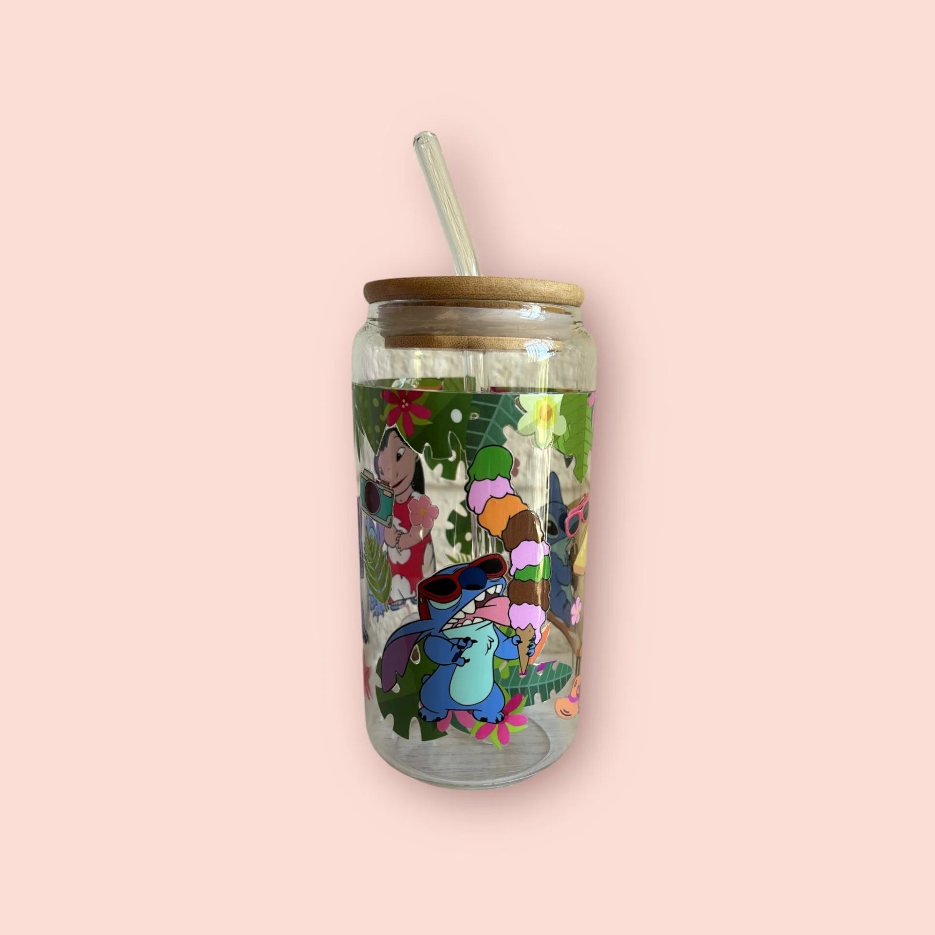 vaso de cristal con diseño de Lilo y Stitch, 3 variantes disponibles, incluye tapa de bambú y pajita reutilizable
