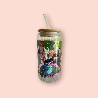 vaso de cristal con diseño de Lilo y Stitch, 3 variantes disponibles, incluye tapa de bambú y pajita reutilizable