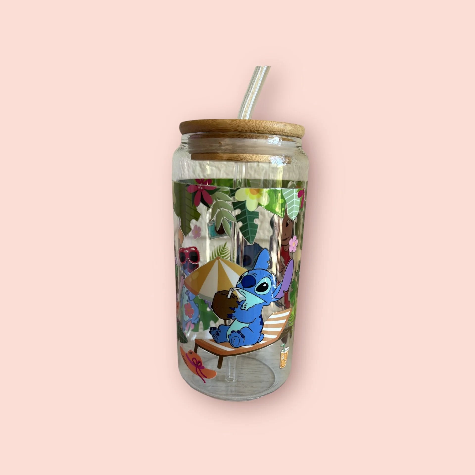 vaso de cristal con diseño de Lilo y Stitch, 3 variantes disponibles, incluye tapa de bambú y pajita reutilizable