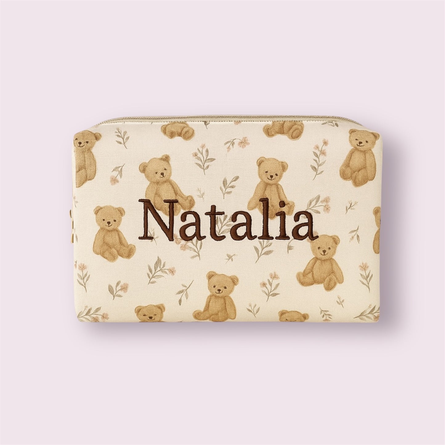 Maxi neceser cuadrado con nombre Natalia bordado y estampado de ositos, ideal para niños, diseño de Aroa Dedales