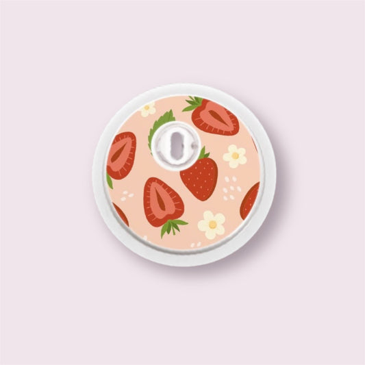Sticker decorativo para sensor Freestyle 3 con fresas, flores y hojas sobre fondo rosa