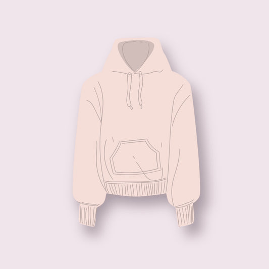 Ilustración minimalista de sudadera con capucha en tono rosa claro, con bolsillo tipo canguro y cordones ajustables, diseñada para representar un modelo de sudadera personalizada sencilla y versátil. Ideal como representación gráfica de opciones personalizables en ropa de estilo urbano o casual, perfecta para tiendas online de moda hecha a medida o productos personalizados para hombre, mujer o niños